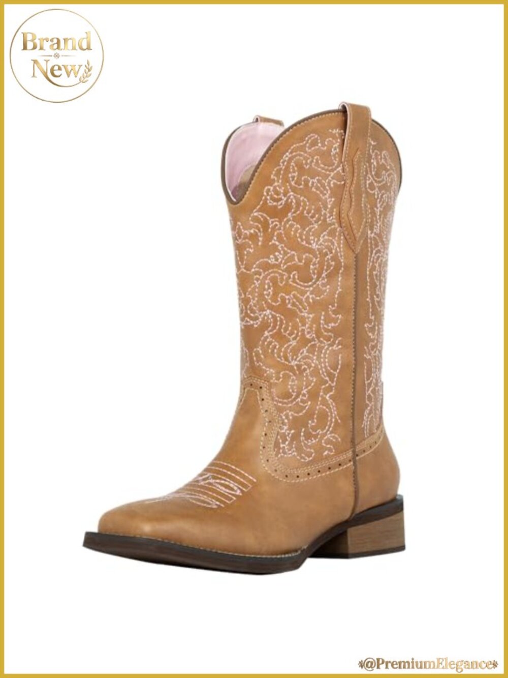 Women's Western Cowboy Boots Wide Square Toe Mid Calf Embroidered PU Leather